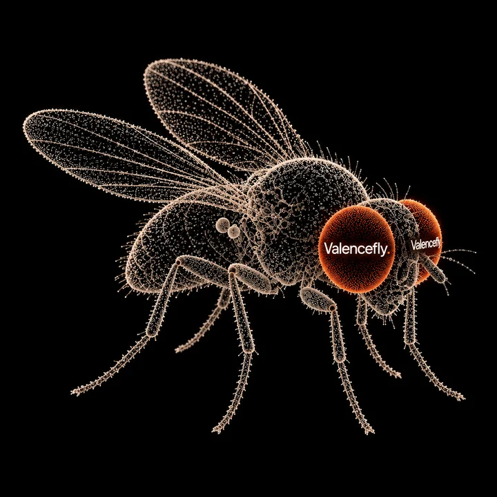 A fruit fly in close-up: big red eyes, two wings, six legs